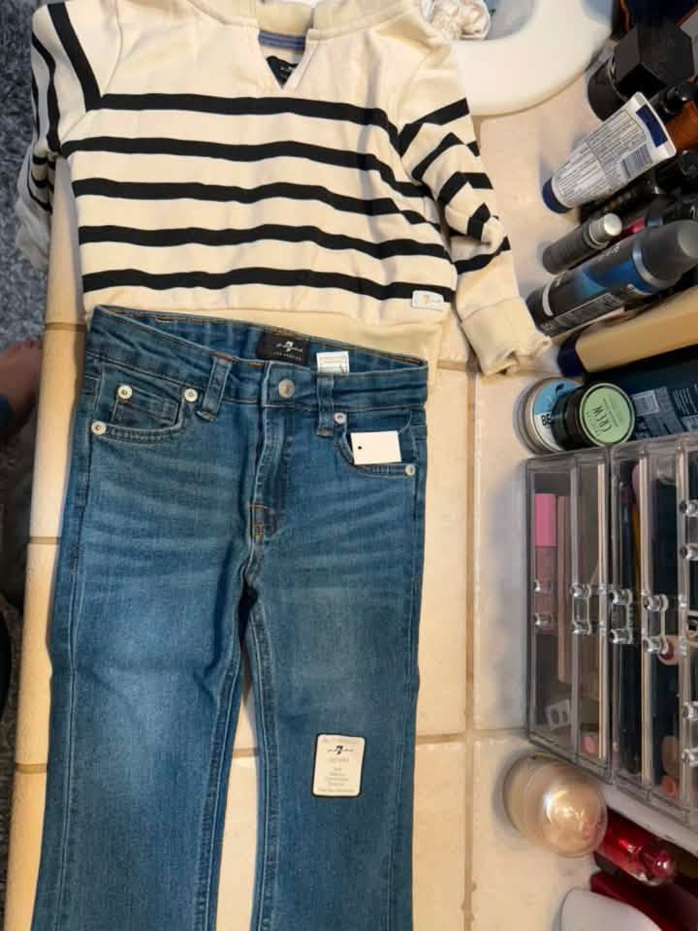 7 For All Mankind Kids Striped Sweater and Blue Jeans Set - Cream & Black, Blue